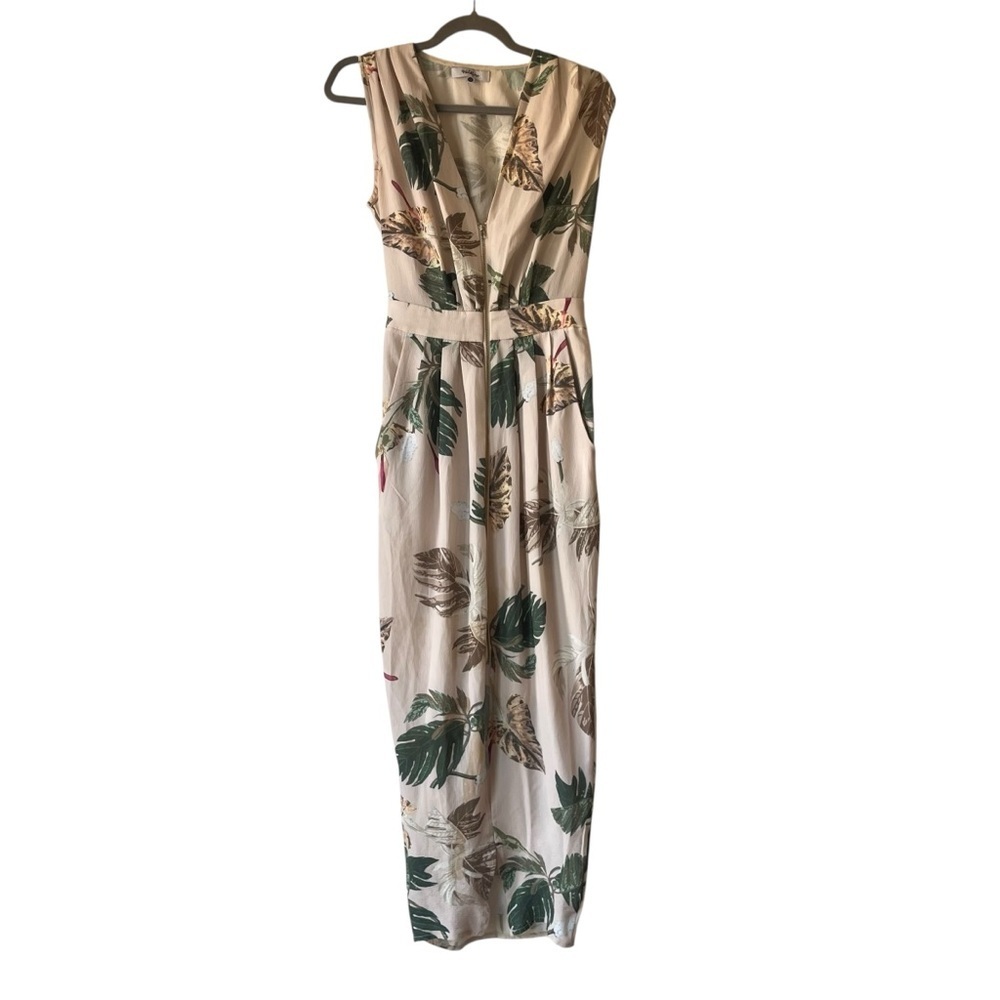 Wildfire Tropical Leaf Print Maxi Dress XS Beige Green Sleeveless Vacation